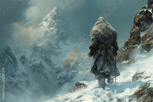 a viking with a big beard and fur armor walks on a snowy mountainside, blizzard, snow, castle photo