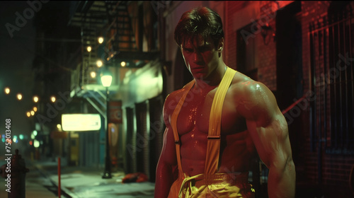 A shirtless action hero from the 1980s, boasting massive glistening muscles, stands confidently on a city street at night.