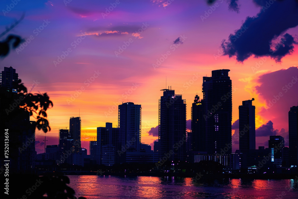Vibrant city skyline against a colorful sunset sky