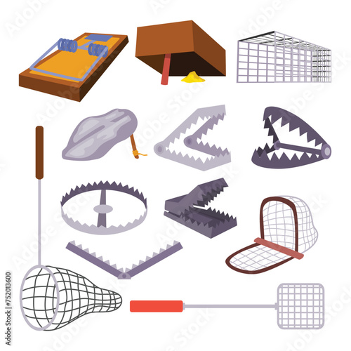 Set of animal trap set collection, various Trap for animal, Metal pitfall icon cartoon isolated on white background, with net fish trap, mouse trap, box, stone, vector illustration