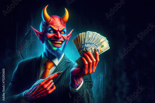 The devil offers to make a deal with him and gives him money and power. photo