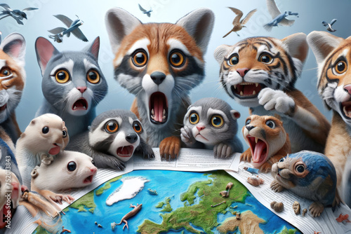 Small animals are horrified by the ongoing destruction of the earth by humanity. photo