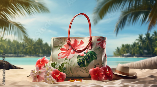 Elevate the summer vibe with a stylish beach bag and accessories against the background of a tropical beach, Spring break concept, holiday vacation concept. Summer holidays, Female accessories 