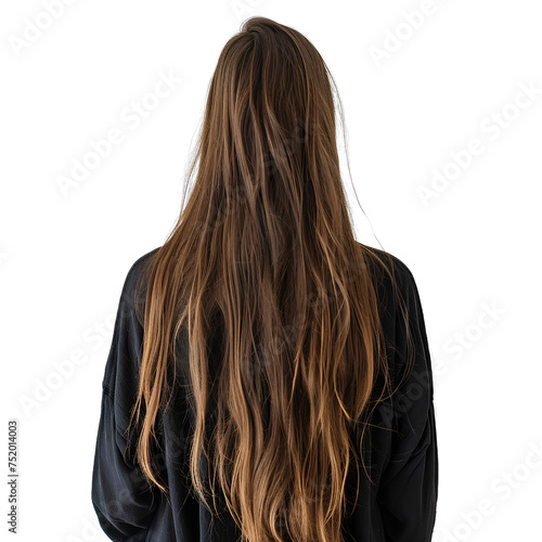 Photo of woman back with long straight hair, isolated on transparent background