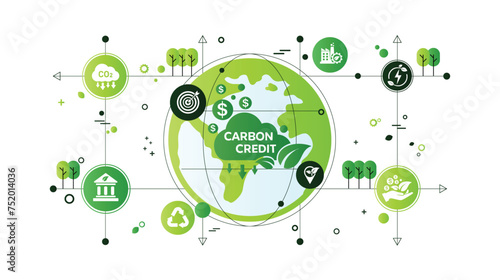 The concept of carbon credit with icons. Tradable certificate to drive industry and company to the direction of low emissions and carbon offset solution. Green vector illustration template.