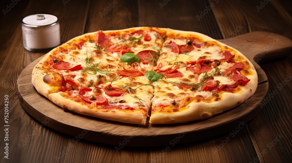 Traditional Italian pizza served on a wooden table, Delicious and delicious food concept