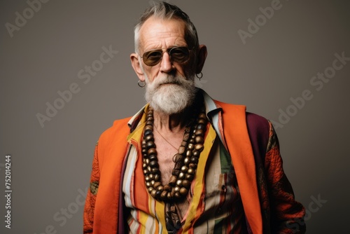 Portrait of an old man with a gray beard and mustache in a colorful jacket and sunglasses on a gray background