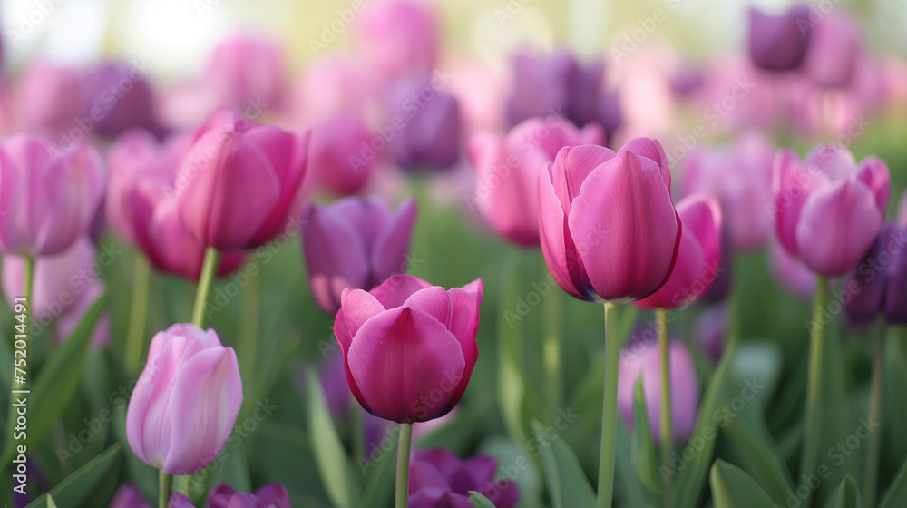 Spring Landscapes background. Pink And Purple Tulip Flowers Fields Growing In Crops.