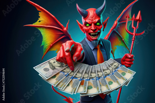 The Good Devil offers money and holds a large amount of banknotes in his hand.