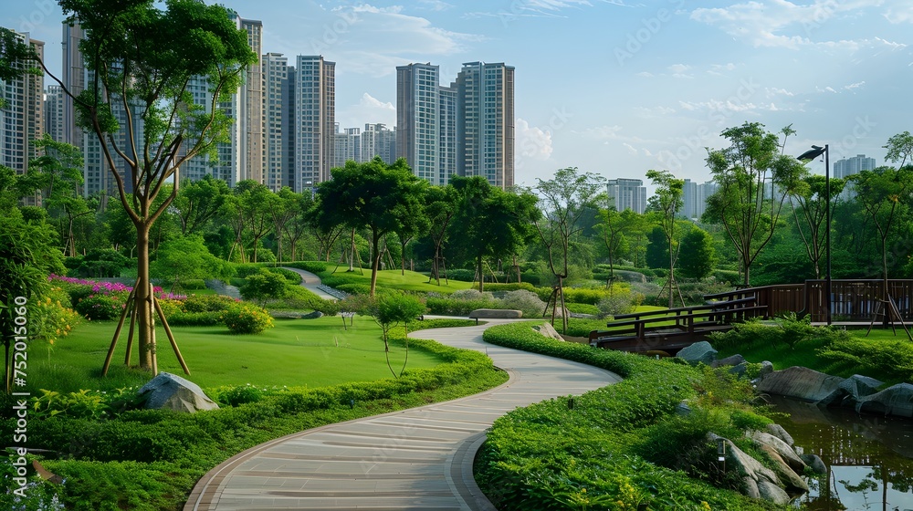 Urban Oasis A Green Walkway Through a Fusion Cityscape, To showcase the fusion of nature and urban living, this image is ideal for travel and leisure