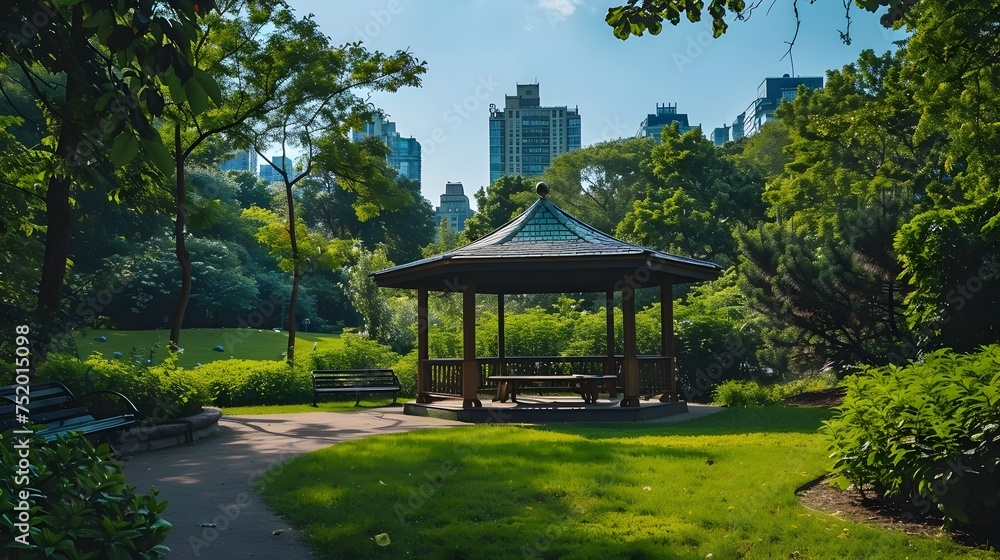 Obraz premium Gazebo in Vibrant City Park, To provide a peaceful and serene image of an urban park, suitable for calming and relaxing concepts
