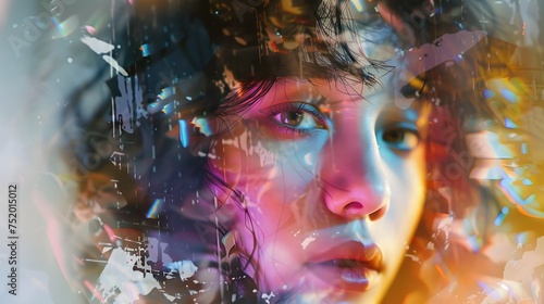 Vibrant Glitch Art Portrait with Colorful Paint Splashes, To sell as a stock photo showcasing a unique and eye-catching portrait of a woman with