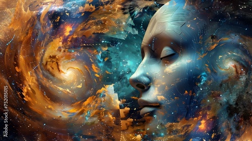 Surreal 3D Landscape of Womans Face in Universe, To provide a unique and captivating digital artwork that showcases a womans face in a surreal 3D