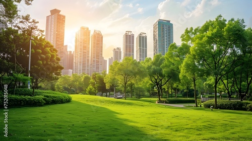 Sunny City Park with Captivating Skylines, To provide a peaceful and calming image that showcases the perfect blend of urban and natural elements,