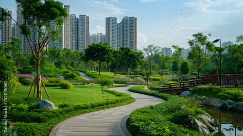 Urban Oasis A Green Walkway Through a Fusion Cityscape, To showcase the fusion of nature and urban living, this image is ideal for travel and leisure © pkproject