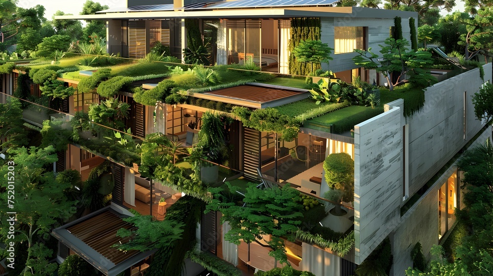 Tropical House with Green Roofs and Balconies, To showcase sustainable and eco-friendly home design with a tropical and naturalistic theme, suitable