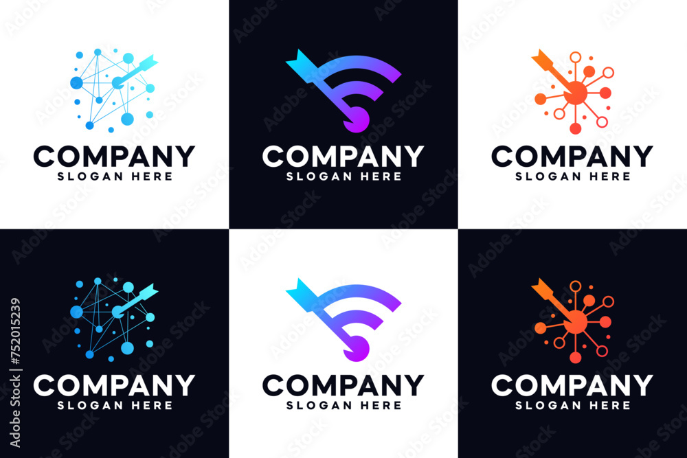 set of digital connection , signal , technology ,arrow point , logo design template.