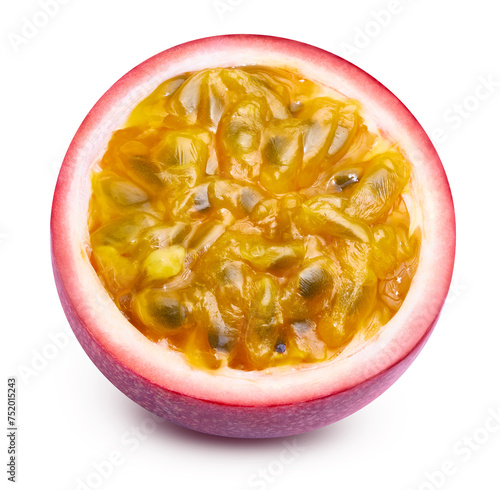 Passion fruit half isolated. Passionfruit half of maracuya isolated on white background. Passion Clipping path