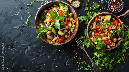 Vibrant Bowls of Chickpea Salad and Vegetables, To provide a visually appealing and mouth-watering image of a healthy and trendy meal, perfect for