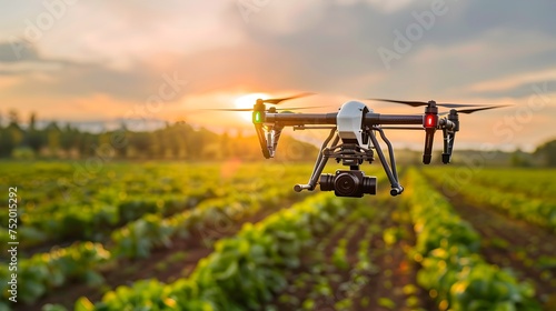High-Powered Agricultural Drone Soaring Over Field, To showcase the benefits of agricultural drones in crop management and to highlight the