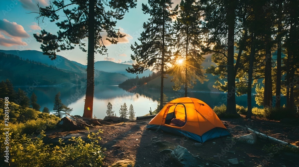 Tent at Sunset Lake in Wilderness, To convey a sense of peace and tranquility in the great outdoors, perfect for promoting travel, camping, and