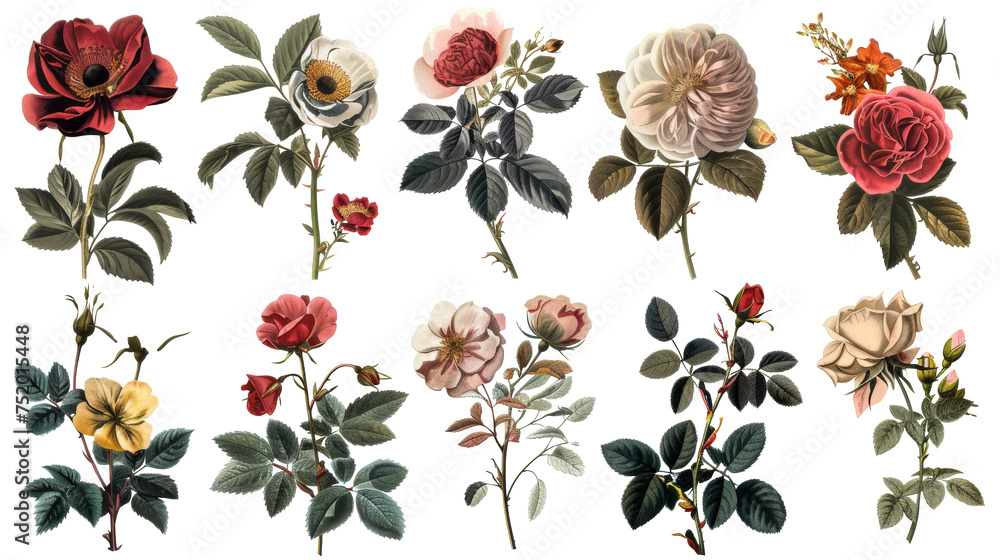 A collection of flowers. Sketches of blossoms with stalks and leaves. transparent, isolated set of different florets. A bush of wild roses. A spring yellow bloom twig. Watercolor painting. PNG File