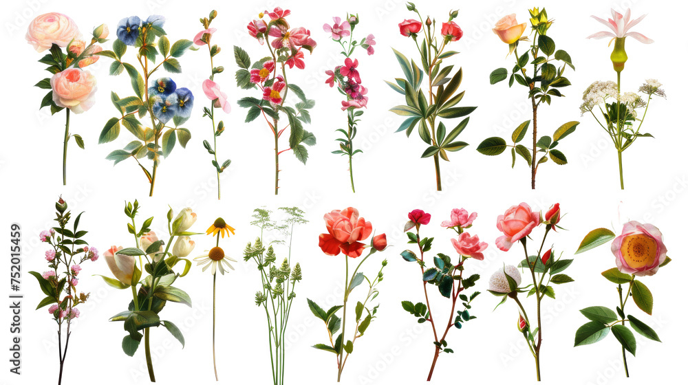 A collection of flowers. Sketches of blossoms with stalks and leaves. transparent, isolated set of different florets. A bush of wild roses. A spring yellow bloom twig. Watercolor painting. PNG File - obrazy, fototapety, plakaty 