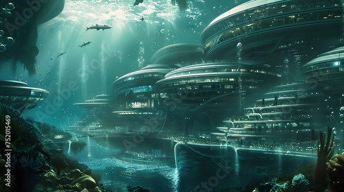 Futuristic Underwater City Amongst Sharks and Seaweed, To provide a captivating and imaginative depiction of a futuristic underwater city, perfect