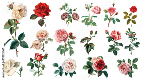 A collection of flowers. Sketches of blossoms with stalks and leaves. transparent, isolated set of different florets. A bush of wild roses. A spring yellow bloom twig. Watercolor painting. PNG File