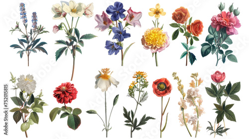 Fototapeta Naklejka Na Ścianę i Meble -  A collection of flowers. Sketches of blossoms with stalks and leaves. transparent, isolated set of different florets. A bush of wild roses. A spring yellow bloom twig. Watercolor painting. PNG File