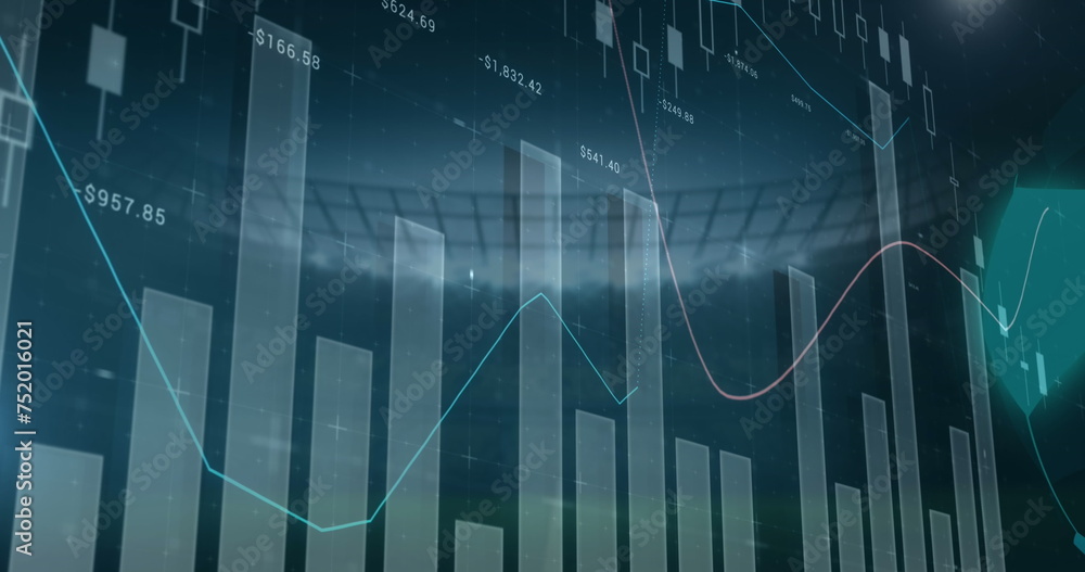 Image of financial data processing football and sports stadium