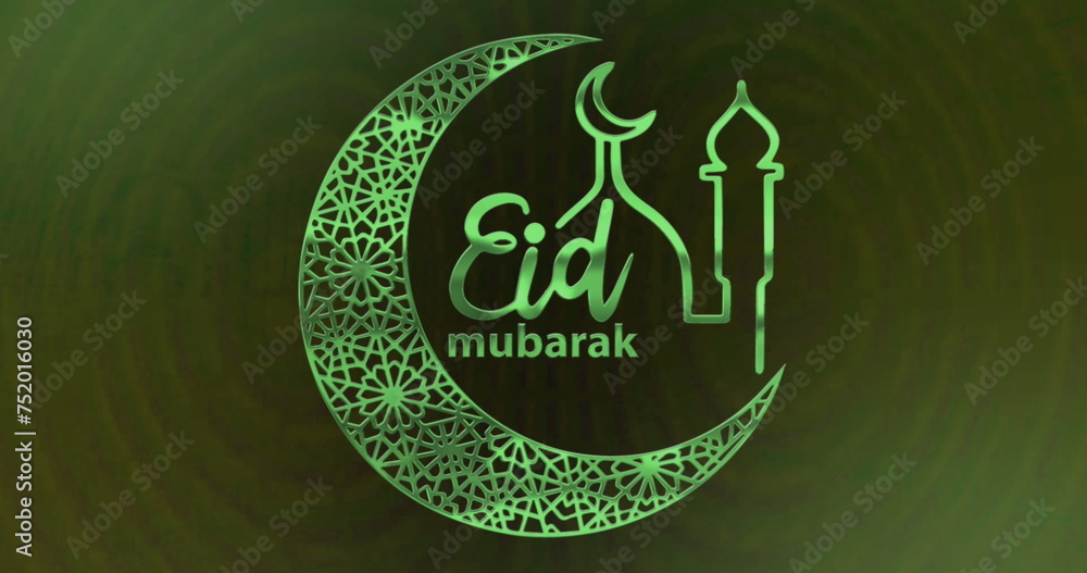 Fototapeta premium Image of text eid mubarak, with mosque and crescent moon design, in green light