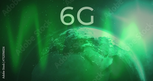 Image of silver text 6g, with green lights and rotating globe on dark background