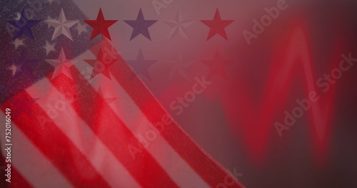 Image of red, white and blue stars with moving red lights, over american flag