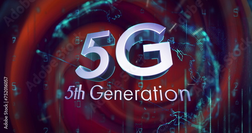 Image of silver text 5g 5th generation, with glowing globe and data processing on red background