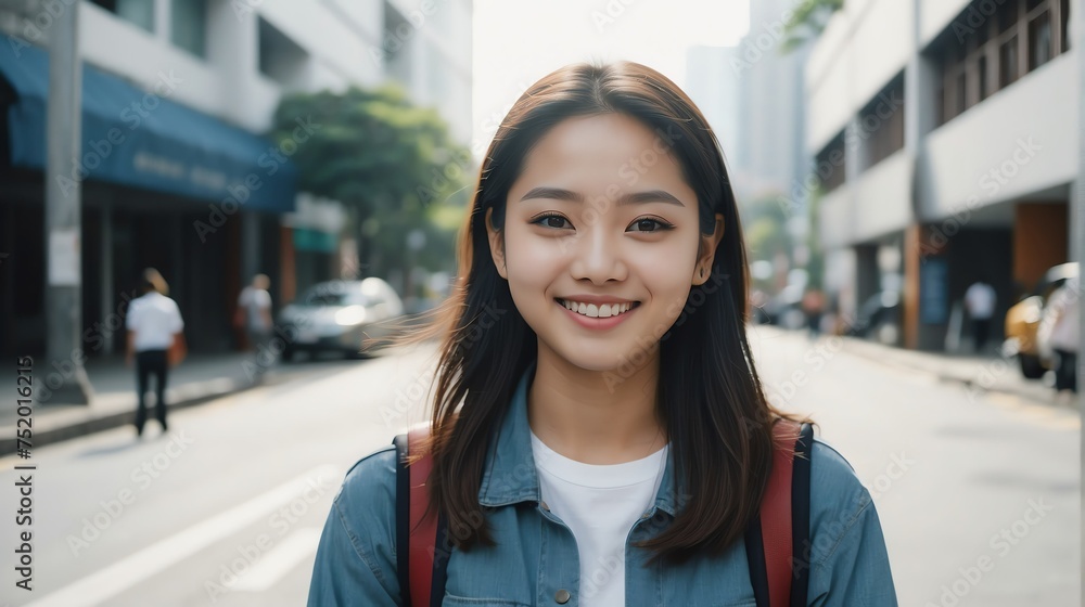 Portrait of a confident filipina young female university college student in the middle of city street smiling looking at camera from Generative AI Portrait of a confident filipina young female university college student in the middle of city street smiling looking at camera from Generative AI