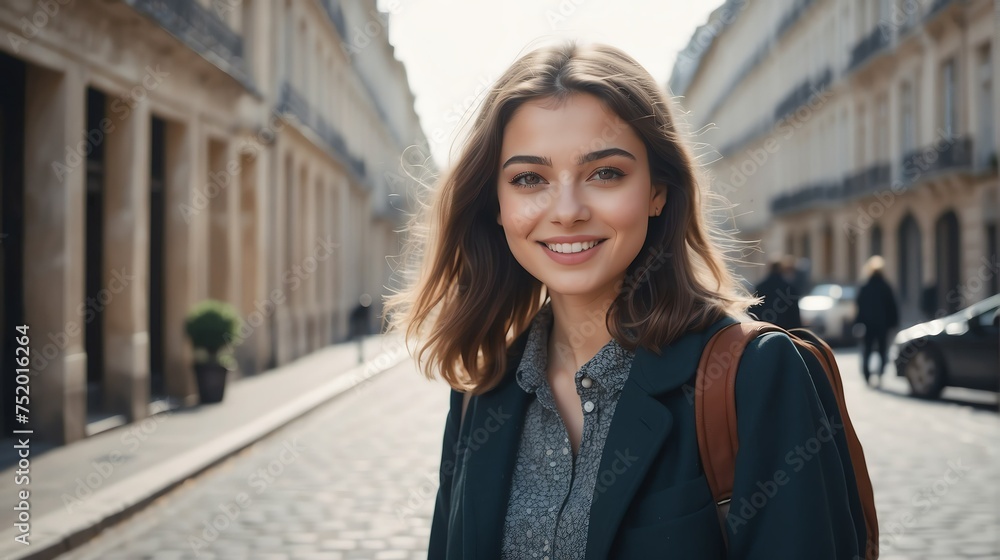 Portrait of a confident french young female university college student in the middle of a city street smiling looking at camera from Generative AI