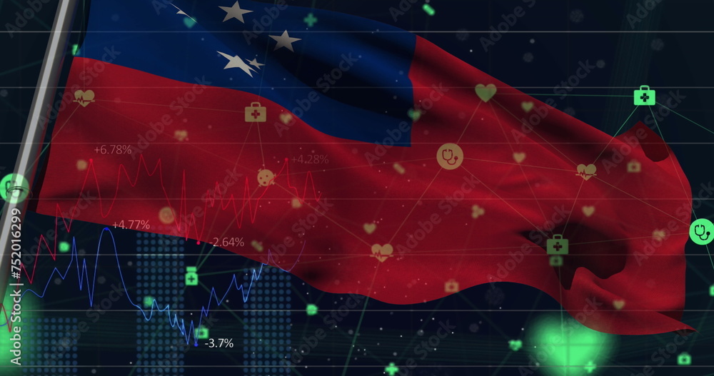Obraz premium Image of waving samoa flag over financial data processing