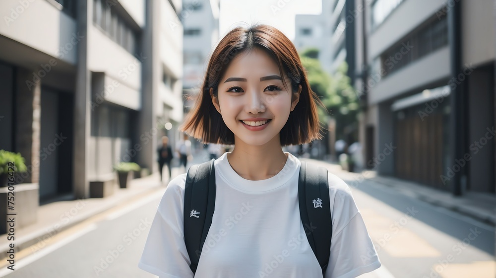 Portrait of a confident japanese young female university college student in the middle of city street smiling looking at camera from Generative AI Portrait of a confident japanese young female university college student in the middle of city street smiling looking at camera from Generative AI
