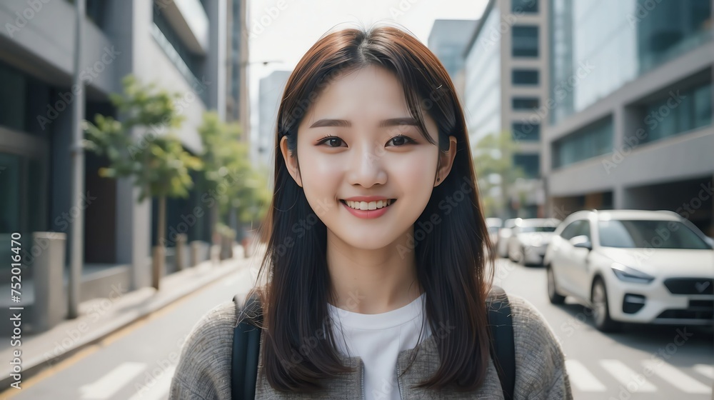 Portrait of a confident korean young female university college student in the middle of a city street smiling looking at camera from Generative AI Portrait of a confident korean young female university college student in the middle of a city street smiling looking at camera from Generative AI