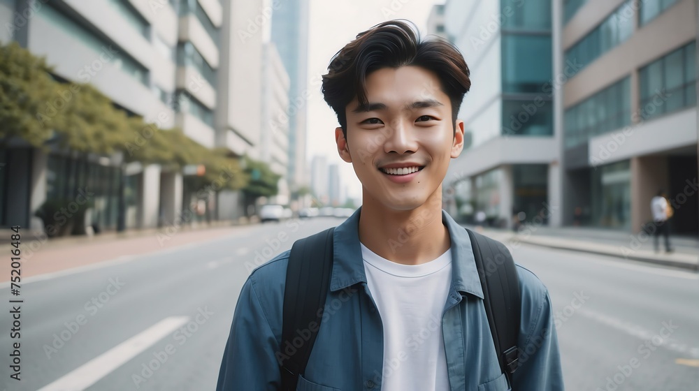 Portrait of a confident korean young male university college student in the middle of a city street smiling looking at camera from Generative AI Portrait of a confident korean young male university college student in the middle of a city street smiling looking at camera from Generative AI
