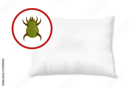 Green dust mite on pillow vector illustration. Microscopic dangerous insect