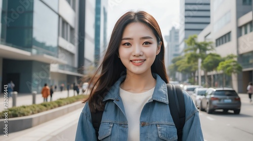 Free Download Portrait of a confident korean young female university college student in the middle of a city street smiling looking at camera from Generative AI - GFXLoad
