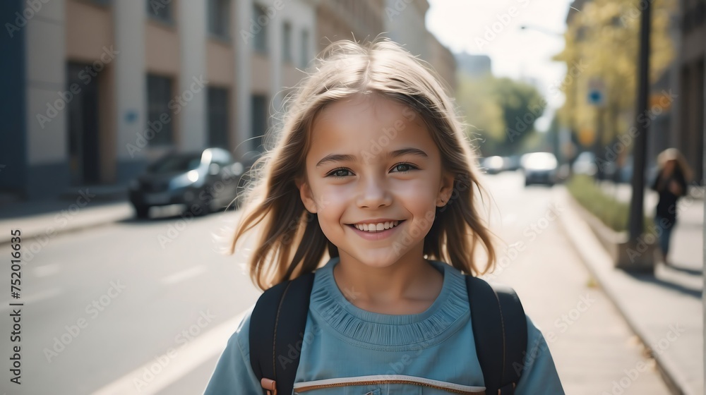 Portrait of a happy caucasian young girl kindergarten student in the middle of a city street smiling looking at camera from Generative AI Portrait of a happy caucasian young girl kindergarten student in the middle of a city street smiling looking at camera from Generative AI