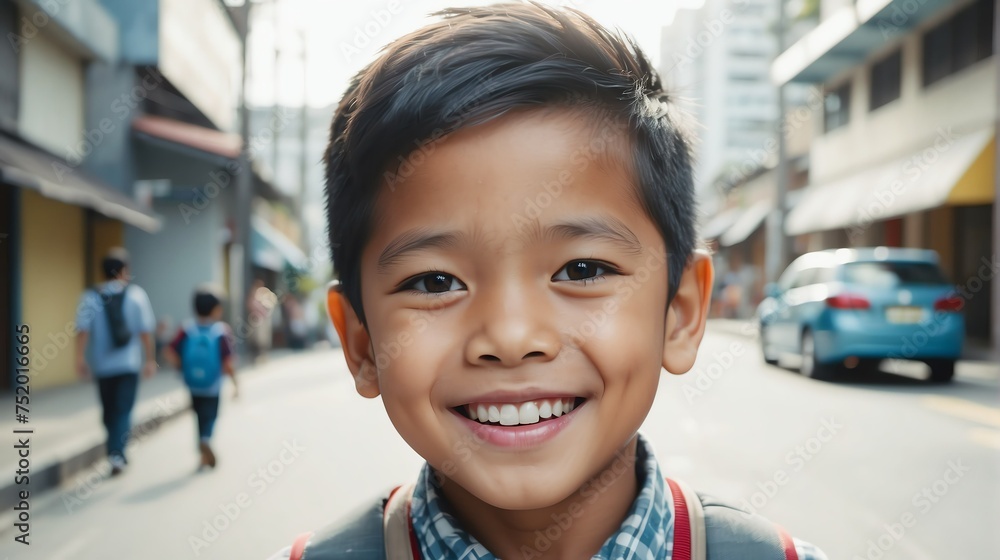 Portrait of a happy filipino young boy kindergarten student in the middle of a city street smiling looking at camera from Generative AI Portrait of a happy filipino young boy kindergarten student in the middle of a city street smiling looking at camera from Generative AI