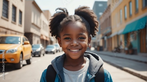 Portrait of a happy black african young girl kindergarten student in the middle of a city street smiling looking at camera from Generative AI