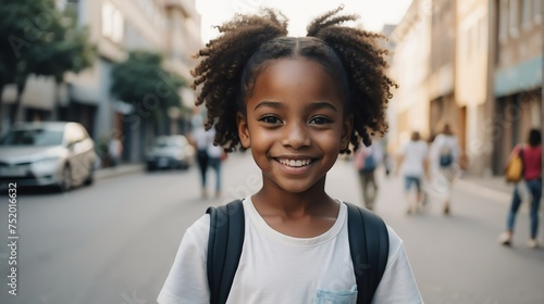 Portrait of a happy black african young girl kindergarten student in the middle of a city street smiling looking at camera from Generative AI