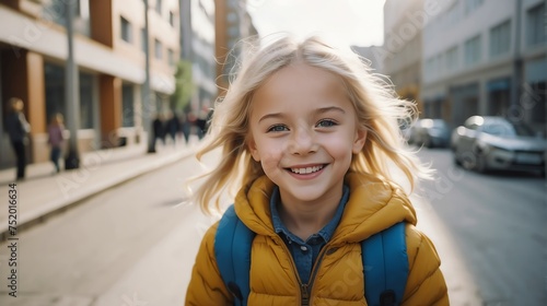 Wallpaper Mural Portrait of a happy blonde young girl kindergarten student in the middle of a city street smiling looking at camera from Generative AI Torontodigital.ca