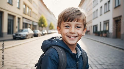 Portrait of a happy german young boy kindergarten student in the middle of a city street smiling looking at camera from Generative AI