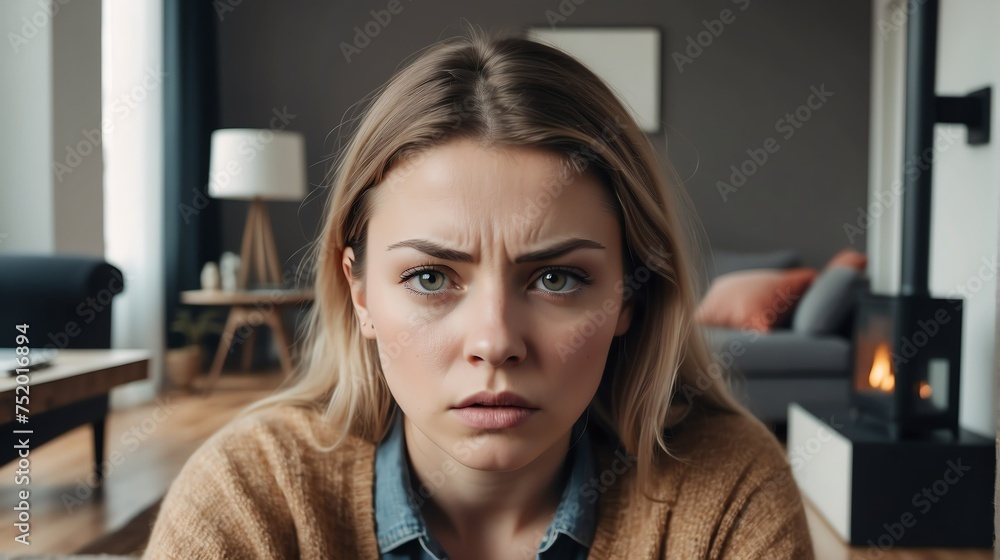 Angry frustrated caucasian young female woman staring at the camera on a living room home background from Generative AI Angry frustrated caucasian young female woman staring at the camera on a living room home background from Generative AI